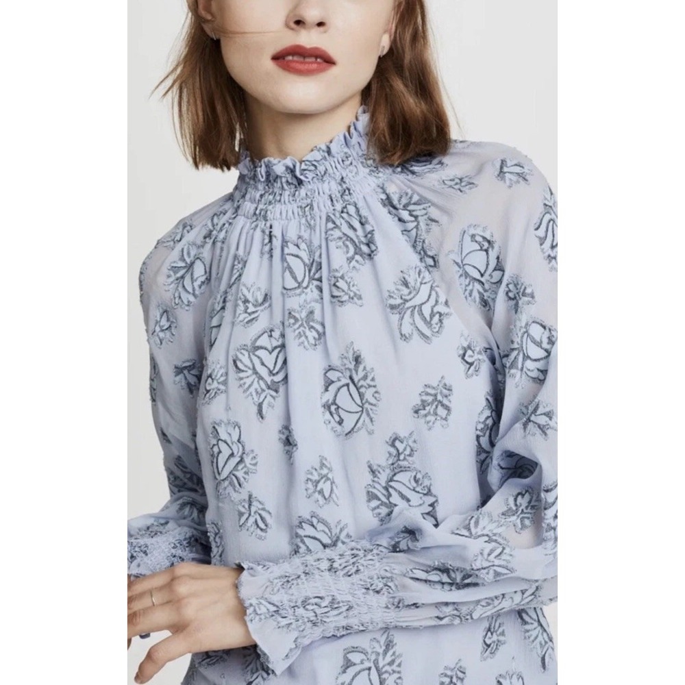 $395 Rebecca Taylor Rose Metallic top Women's 6 Moc Neck Silk Burnout